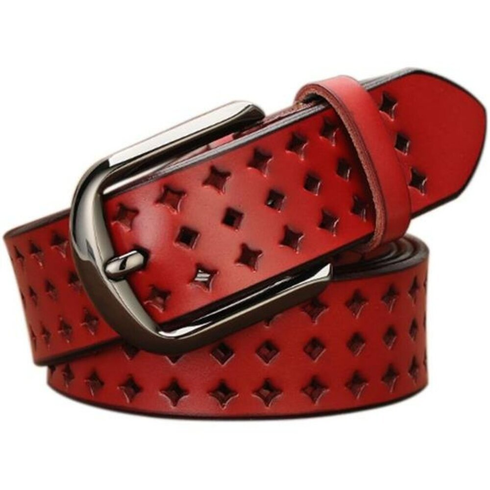 Womens hollow leather belt genuine soft leather waist belt with pin buckle gift